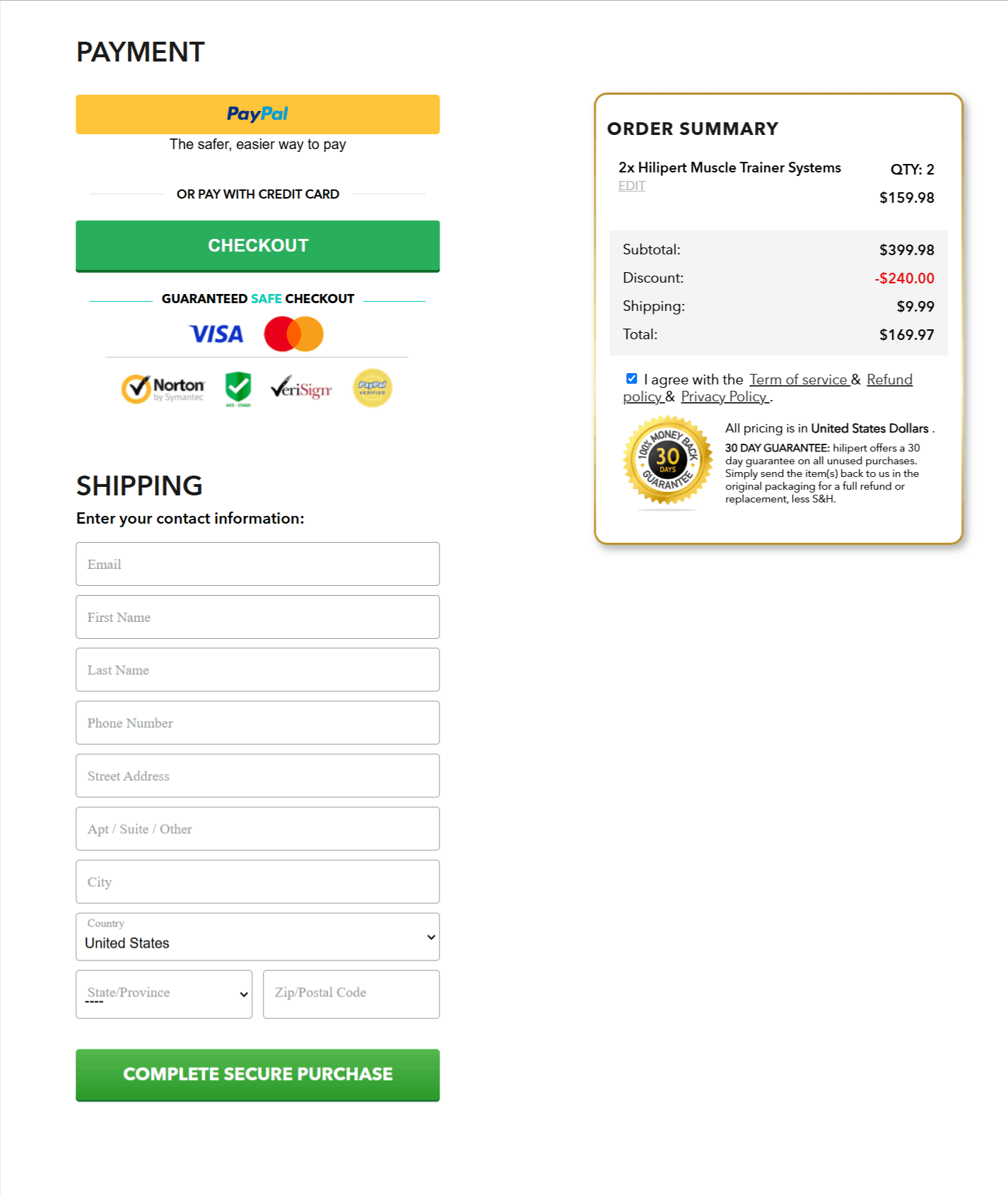 Hilipert EMS Muscle Stimulator checkout page